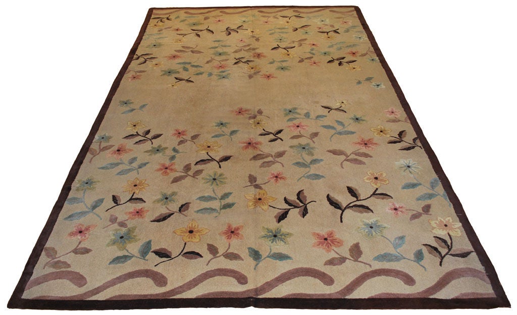Large American hooked rug, early 40's. Raised flowers.