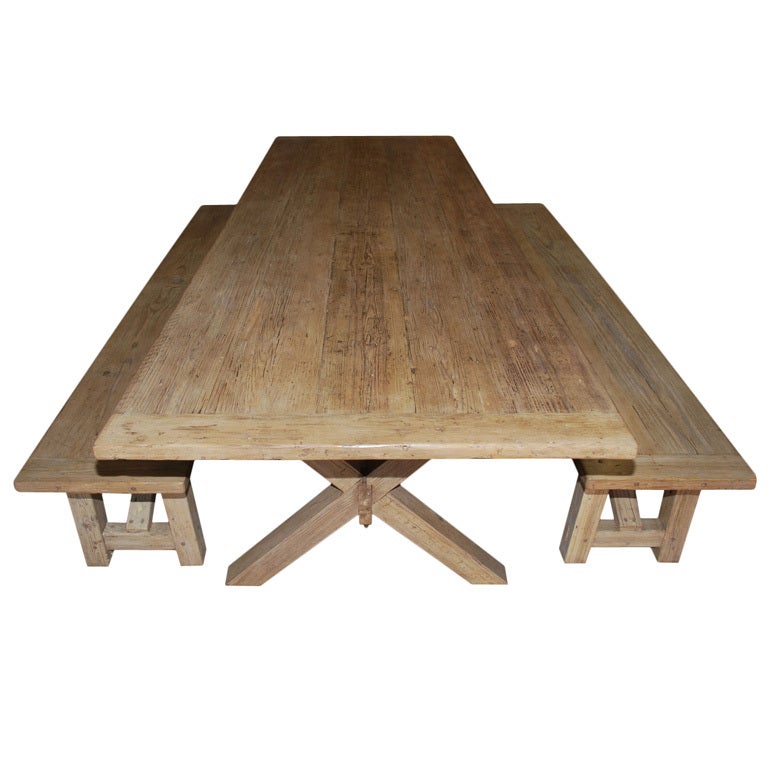 X-Trestle Table with Matching Benches, Custom Made by Petersen Antiques For Sale