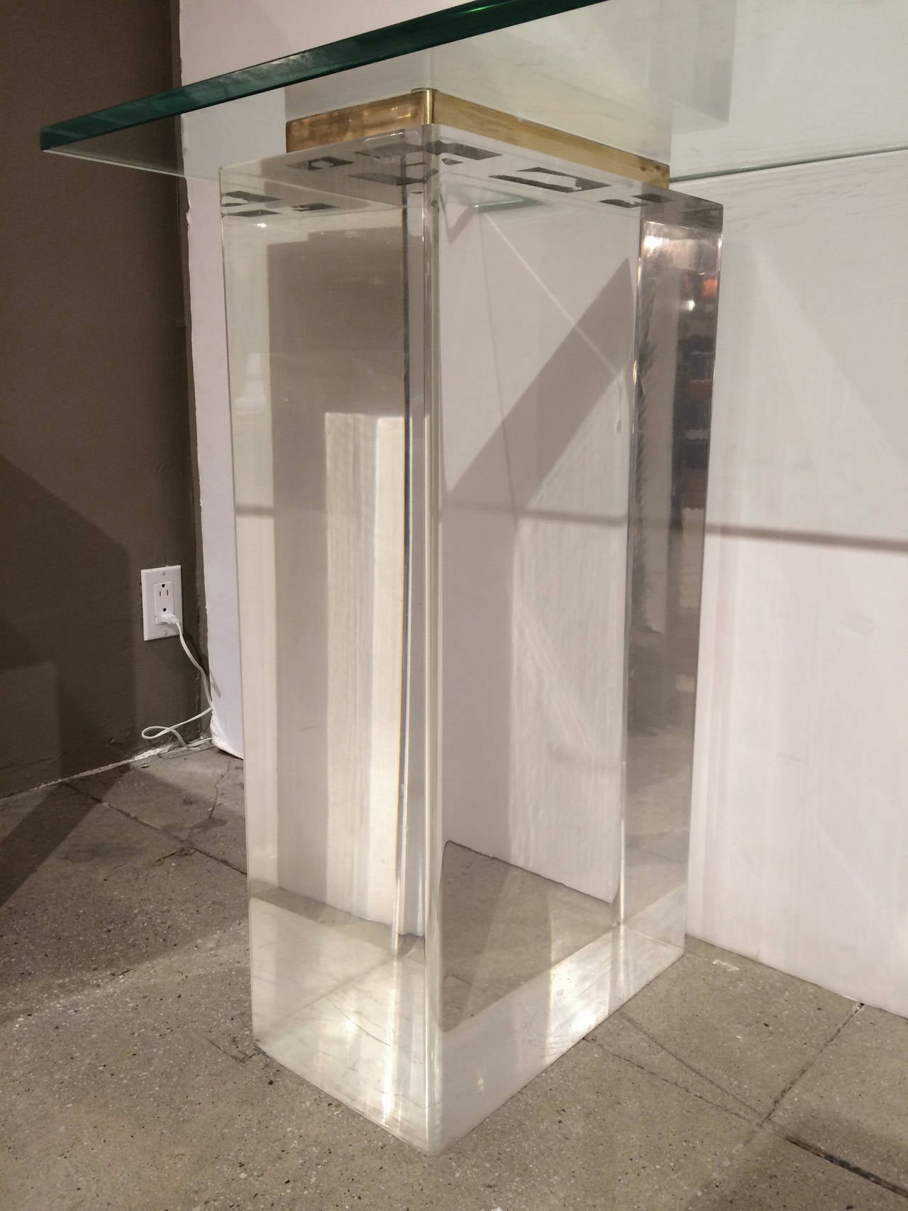Brass Large Lucite Column Pedestal Console Table For Sale
