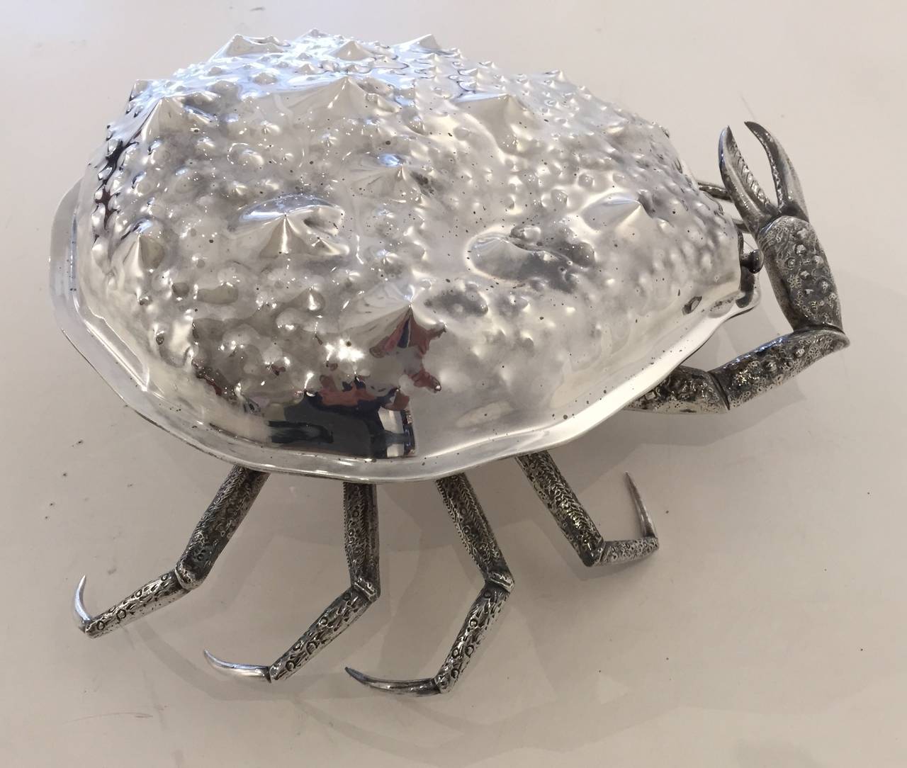 16 inch long lidded box in the form of a naturalistically detailed crab. Hand-wrought, Italian, 1960s, illegibly signed on bottom shell by a silversmith in Florence.