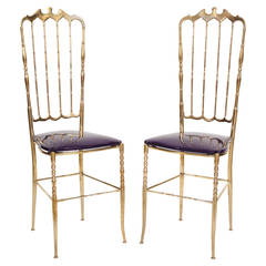 Pair of Brass Chiavari Chairs with Glace Calf Leather Seats