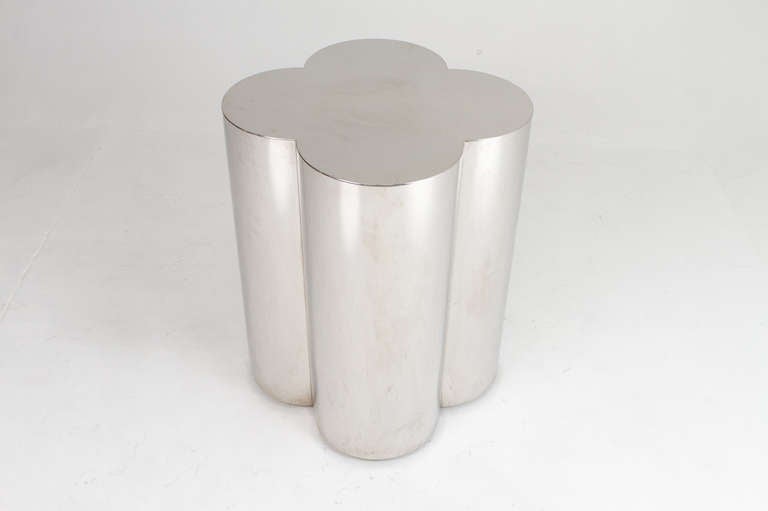 A pedestal table with 4 clovers in vintage chrome.  May be used as a dining table when you add a piece of glass, a side table, pedestal table, or center table. Also Attributed to Curtis Jere.

28 7/8” H x 24” x 20 1/2”