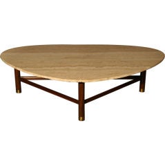 Large mahogany, brass and travertine cocktail table, Dunbar