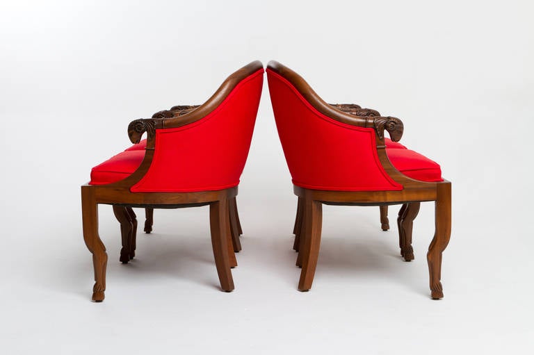 Set of Four Walnut Ram Motif Lounge Chairs by Monteverdi-Young