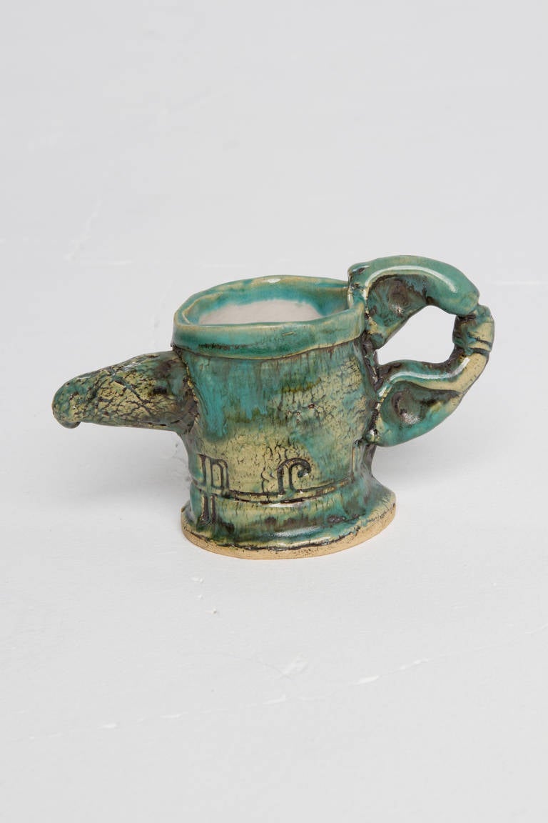 American Small ceramic mug with green-blue glaze by Erik Gronborg For Sale