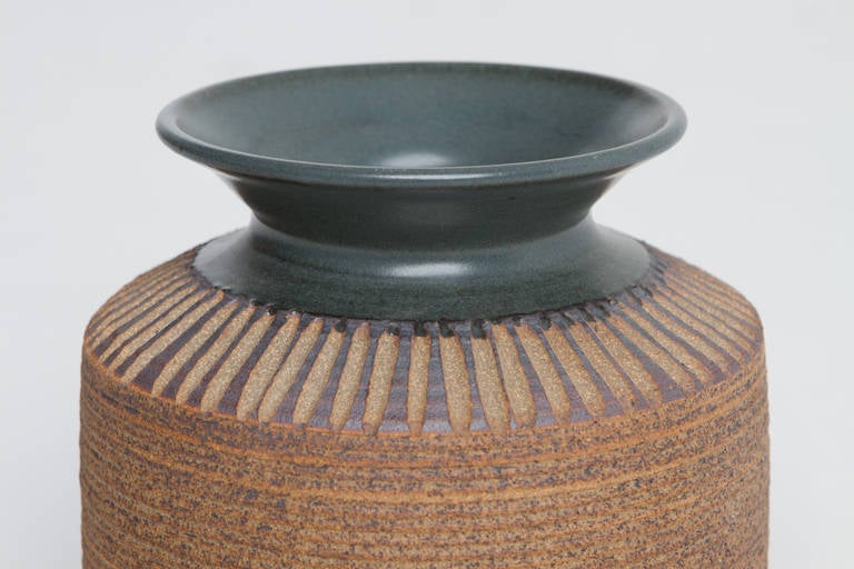 Organic Modern Stoneware Ceramic Vessel by Victoria Littlejohn with Green Glaze For Sale
