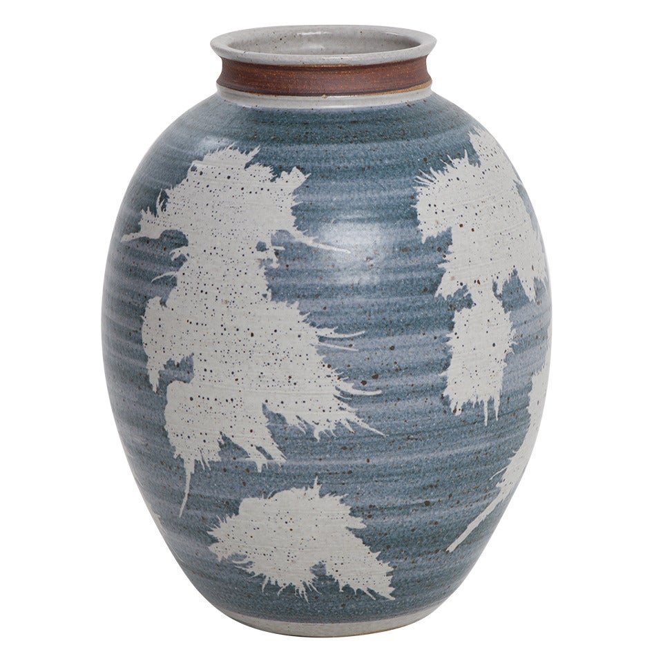 Blue and white glazed stoneware vase by Victoria Littlejohn, 1970's