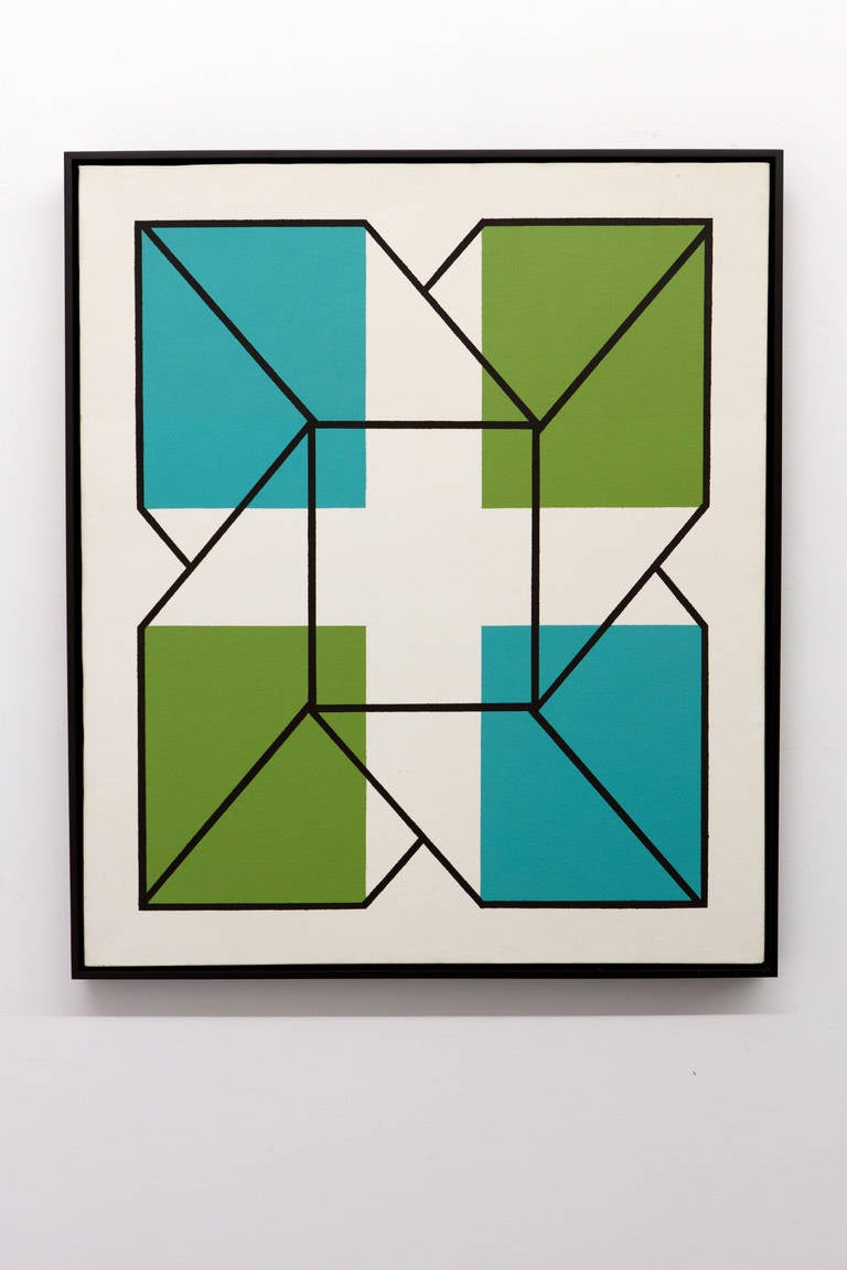 Blue, green, white and black geometric composition by Jules Engel. Framed.