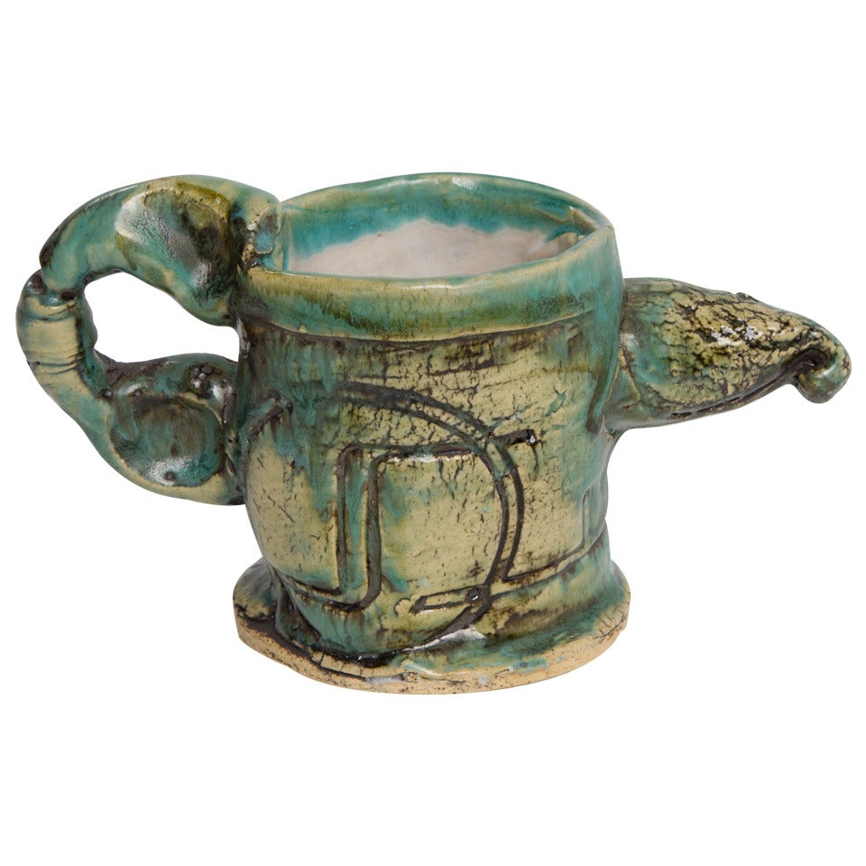 Small ceramic mug with green-blue glaze by Erik Gronborg For Sale