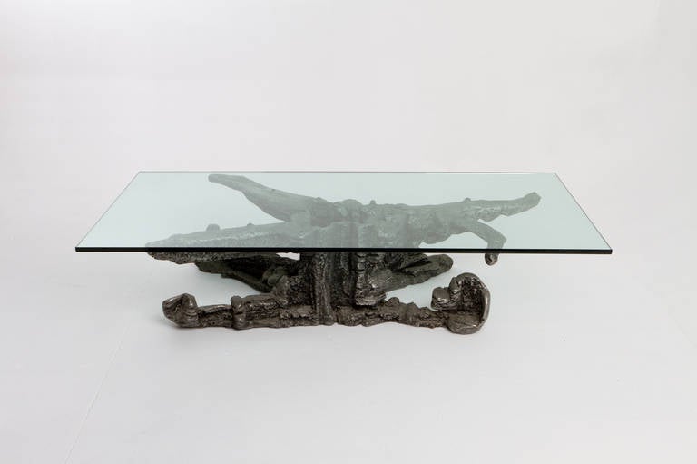 Cast aluminium coffee table, echoing the work of Jan De Swart. To be admired as stand-alone sculpture sans glass, or put the top on to make it a functional work of art. Base: 15.75