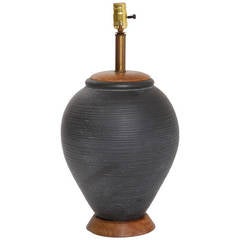 Vintage Charcoal glaze stoneware ceramic lamp with walnut base, Victoria Littlejohn