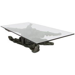 Large Cast Aluminium Base Coffee Table with Thick Glass Top, circa 1960s