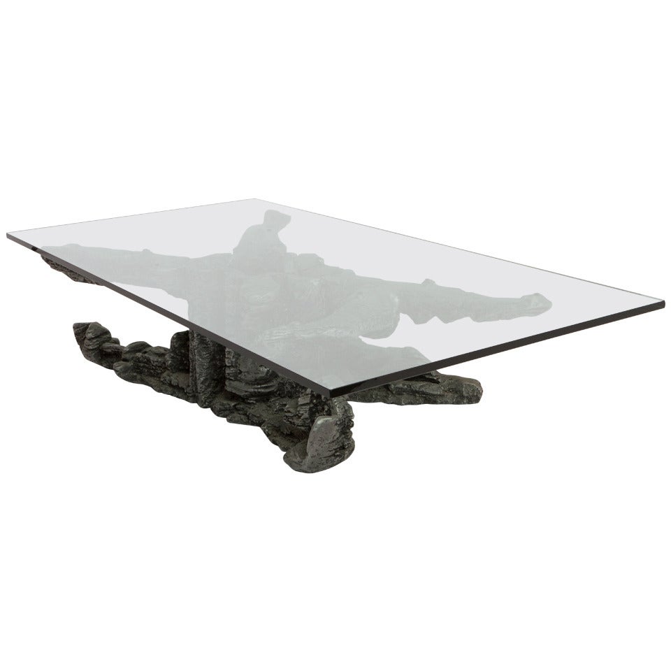 Large Cast Aluminium Base Coffee Table with Thick Glass Top, circa 1960s For Sale