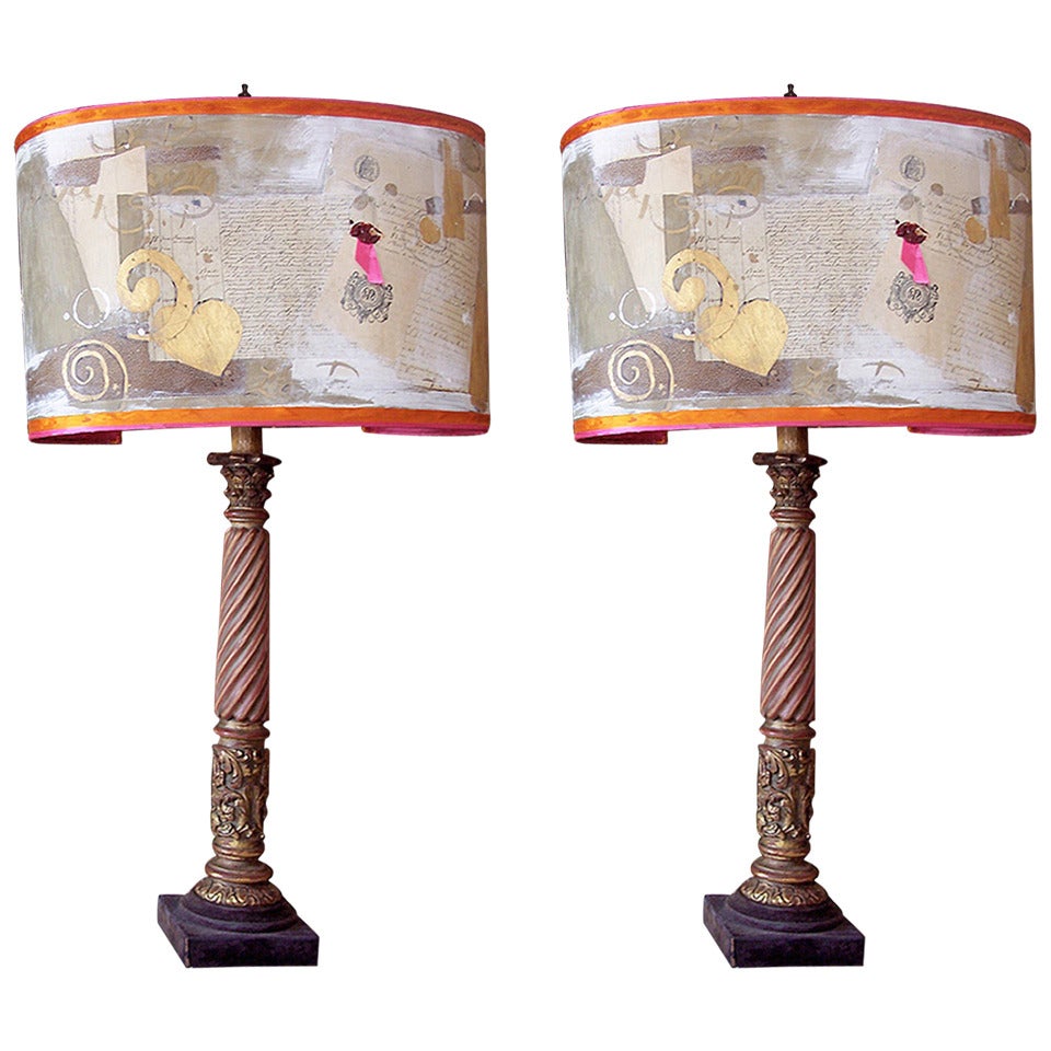 Pair of Beautifully Carved, Painted and Gilded Lamps For Sale