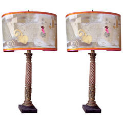 Pair of Beautifully Carved, Painted and Gilded Lamps