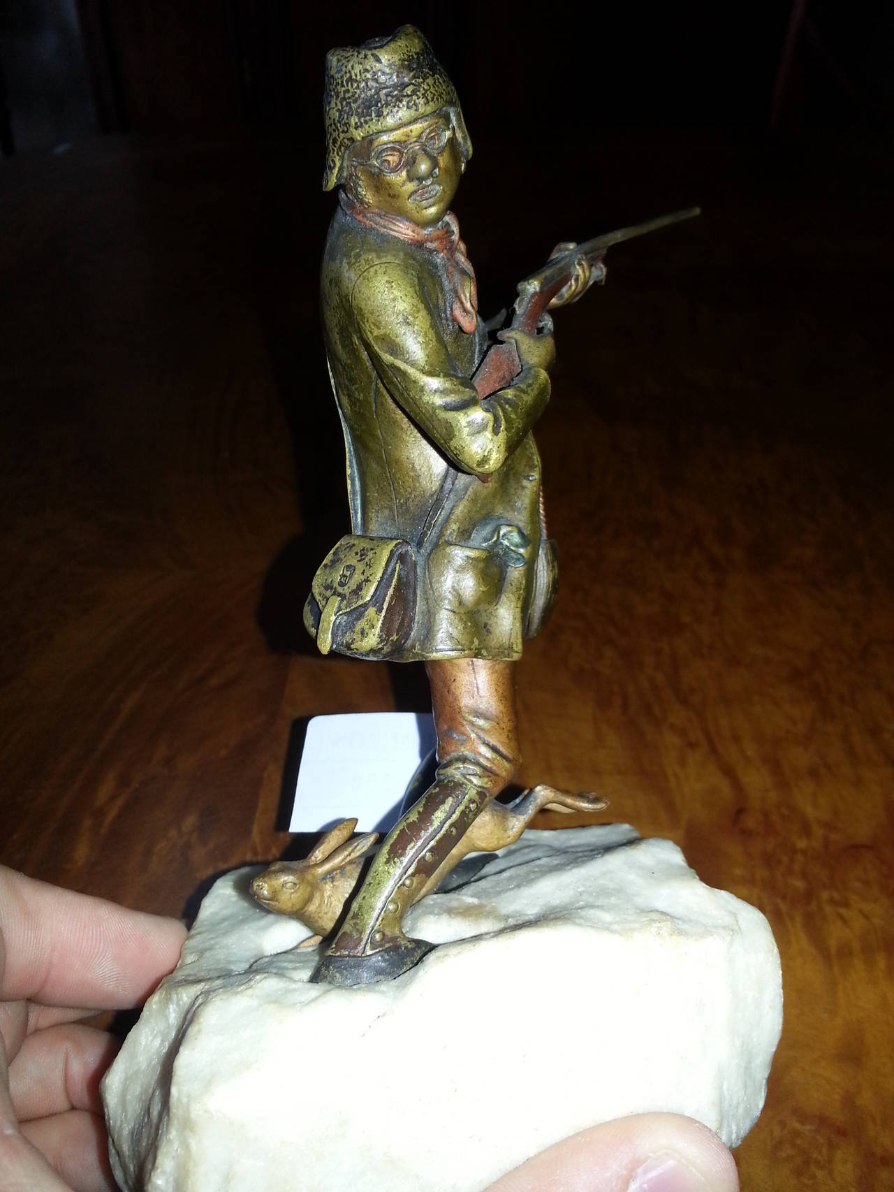 Art Deco Viennese bronze, hunter with hare For Sale