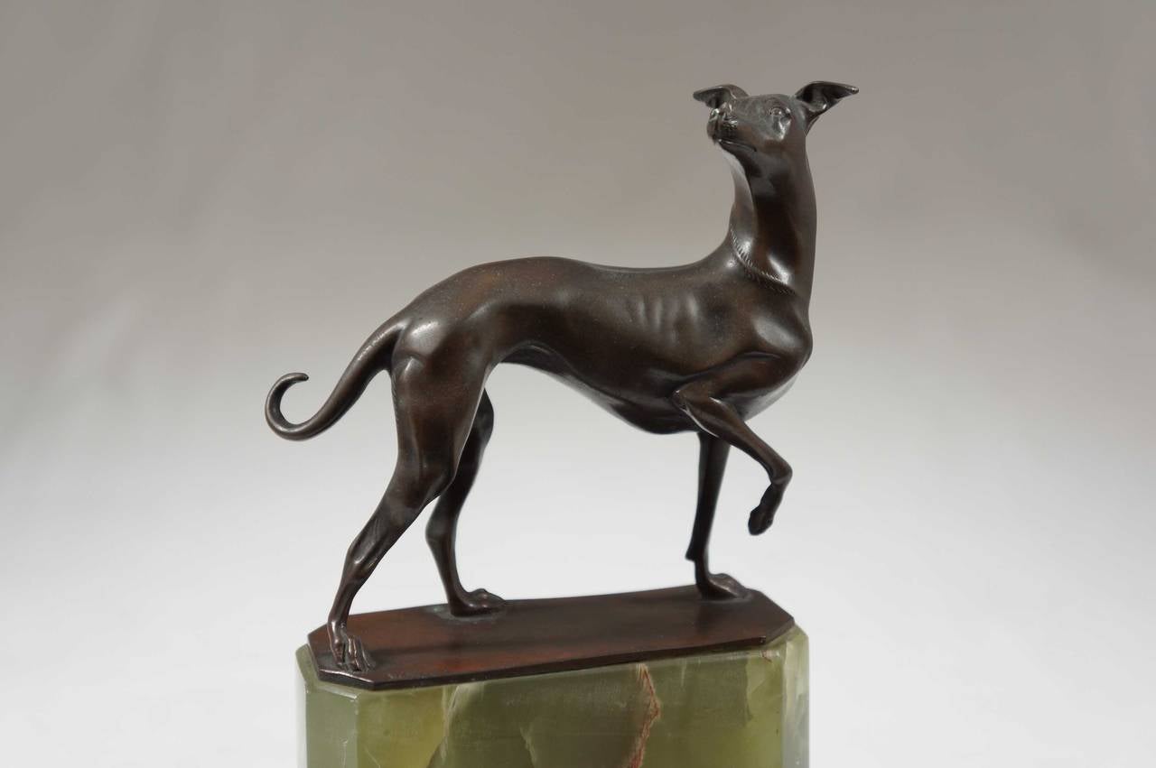 Art Deco Greyhound Bronze Figure on an Onyx Base For Sale
