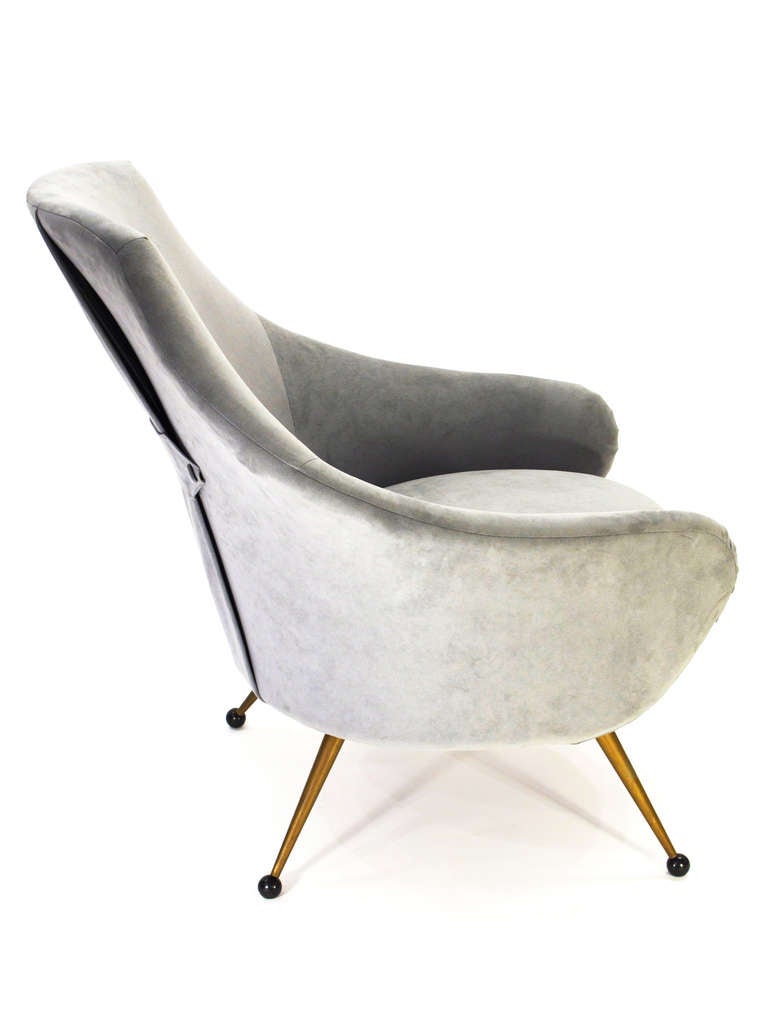 Rare pair of Martingala lounge chairs by Marco Zanuso for Arflex, in newly upholstered grey Ultrasuede, with original brass legs and plastic ball feet.