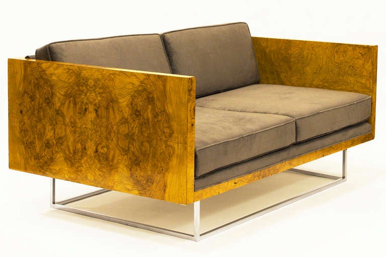 Beautiful olive wood burl two-seater sofa with chrome cage base by Milo Baughman for Thayer Coggin.