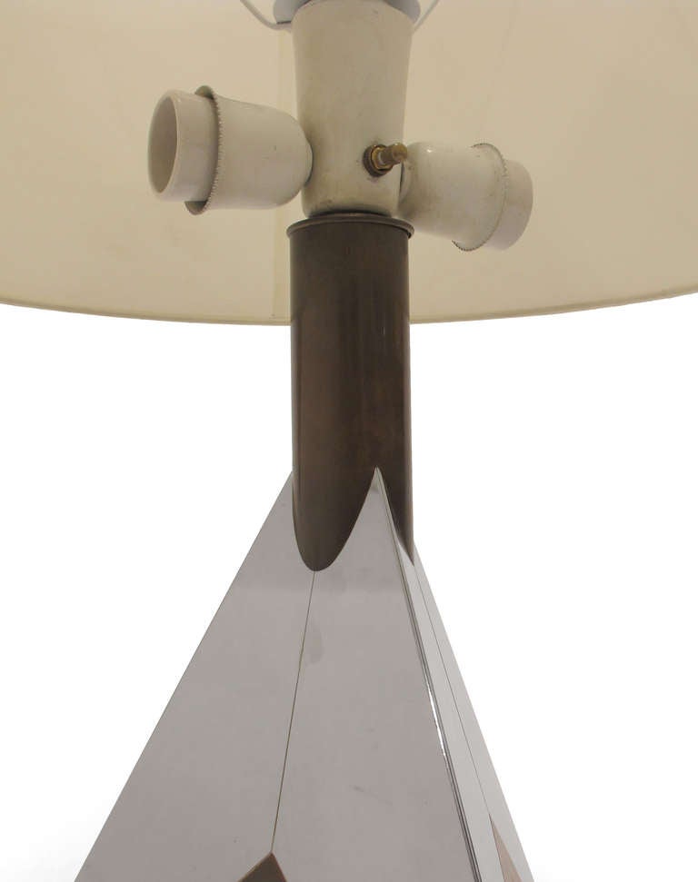 Very unusual geometric chrome and brass lamp with 3 sockets and custom shade.