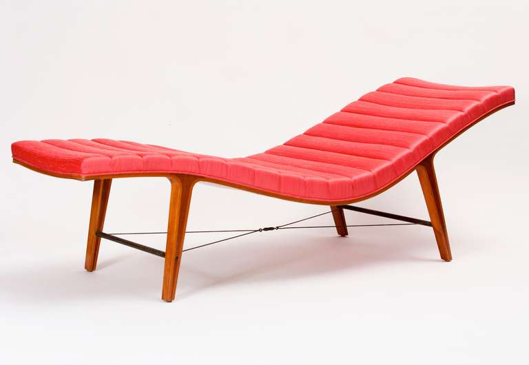 Edward Wormley's sleek and sexy chaise longue is the Holy Grail for Dunbar collectors. This example came from the Florida estate of a prominent New York City decorator who was active in the 30's, 40's and 50's. The original finish has been polished,