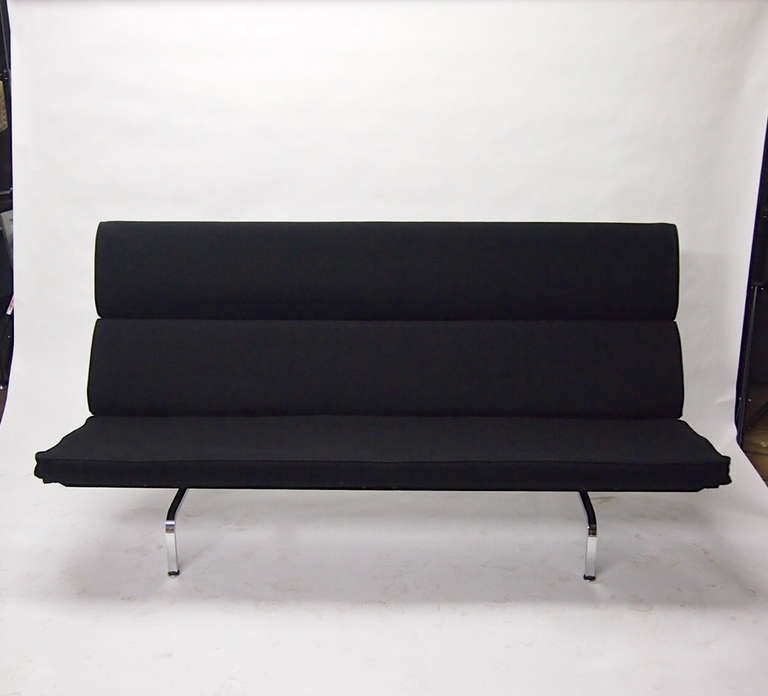 Four Identical Compact Sofas in original black fabric. The compact sofa was designed in 1954 by Charles Eames for Herman Miller.
I have Four that were purchased for a production company in NYC. All four are in the same condition all have some wear
