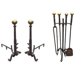 Tall set of Fire Tools and Andirons Hand Hammered Early Arts & Crafts circa 1910 American