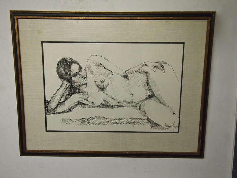 Sketch of a woman lying on her side. Signed by Woodstock artist Ceil Germaine and framed.