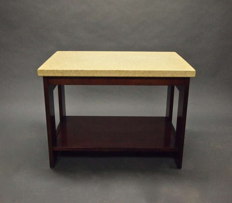 Pair of cork top mahogany side tables in original vintage condition designed by Paul Frankl and manufactured by Johnson Furniture Company in the 1940's.