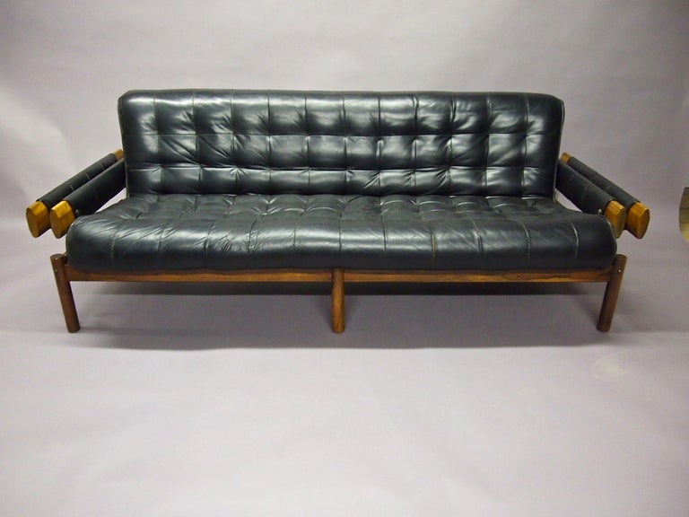 Mid-Century Modern Sofa by Percival Lafer Leather & Jacaranda in Original Condition  1965 Brazil