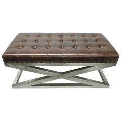 Bench in Brushed Steel and Tufted Leather, Made in France, circa 1975