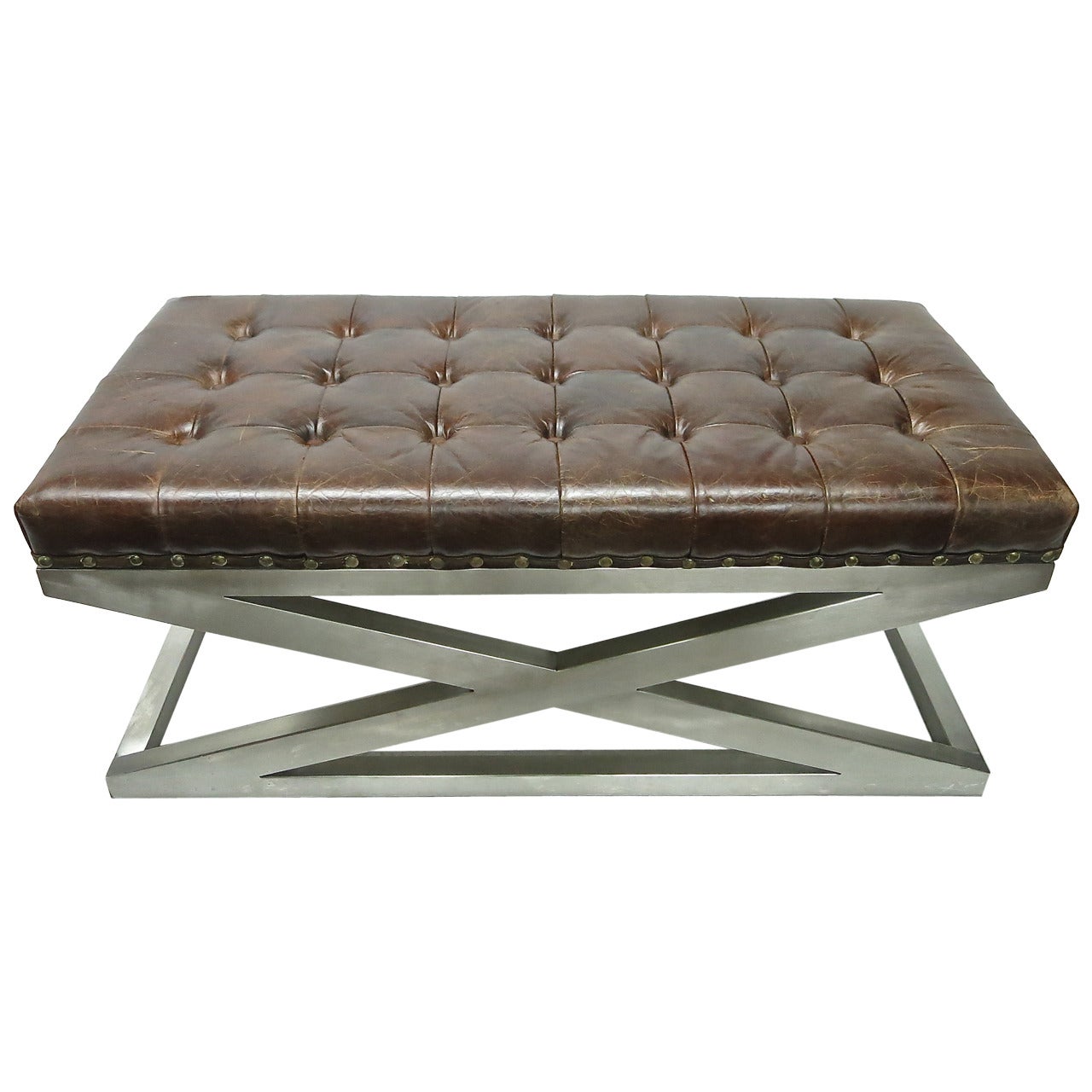 Bench in Brushed Steel and Tufted Leather, Made in France, circa 1975