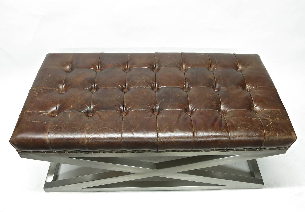 Mid-Century Modern Bench in Brushed Steel and Tufted Leather, Made in France, circa 1975