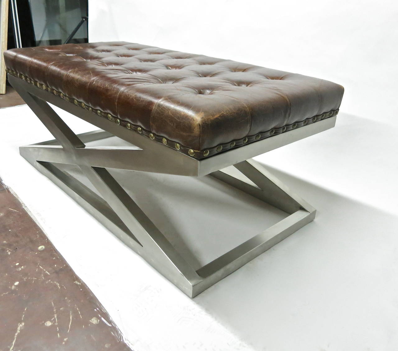 French Bench in Brushed Steel and Tufted Leather, Made in France, circa 1975