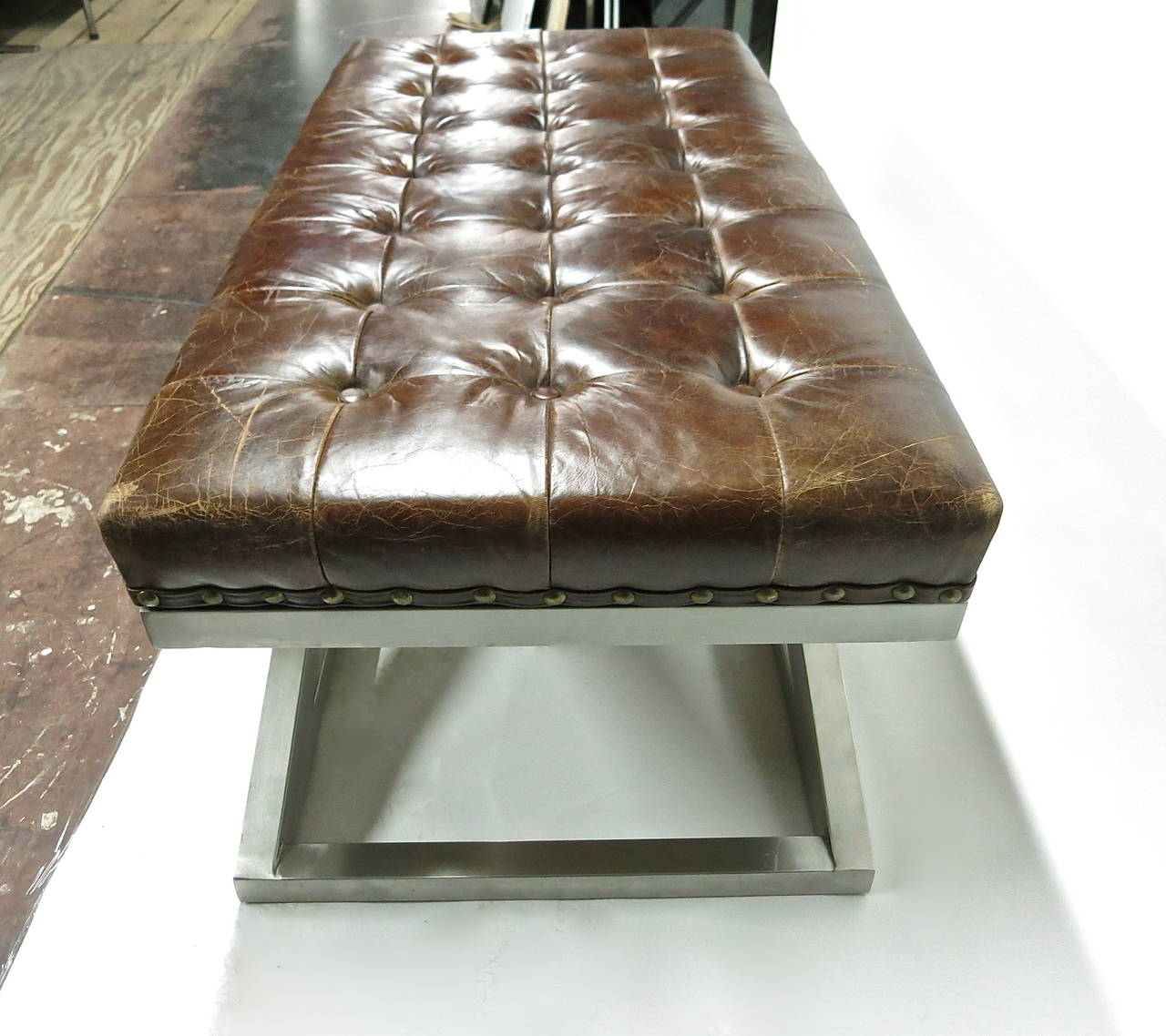 Bench in Brushed Steel and Tufted Leather, Made in France, circa 1975 In Excellent Condition In Jersey City, NJ