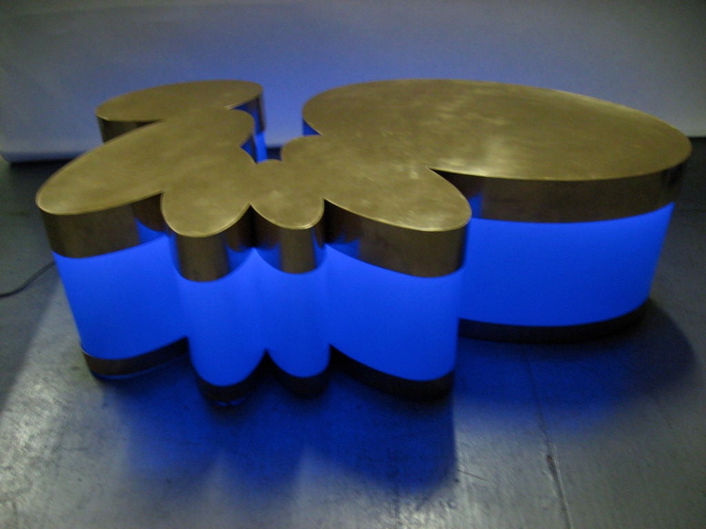 CLOUD TABLE IN POLISHED COPPER AND BLUE PLEXIGLASS WITH INTERIOR LIGHTING; SIGNED GUY DE ROUGEMONT 3 OF 8