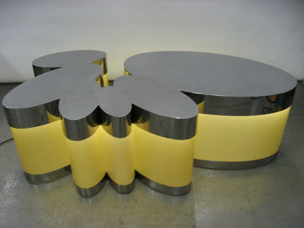 CLOUD TABLE IN POLISHED STAINLESS STEEL AND BEIGE PLEXIGLASS WITH INTERIOR LIGHTING; SIGNED GUY DE ROUGEMONT 2 OF 8