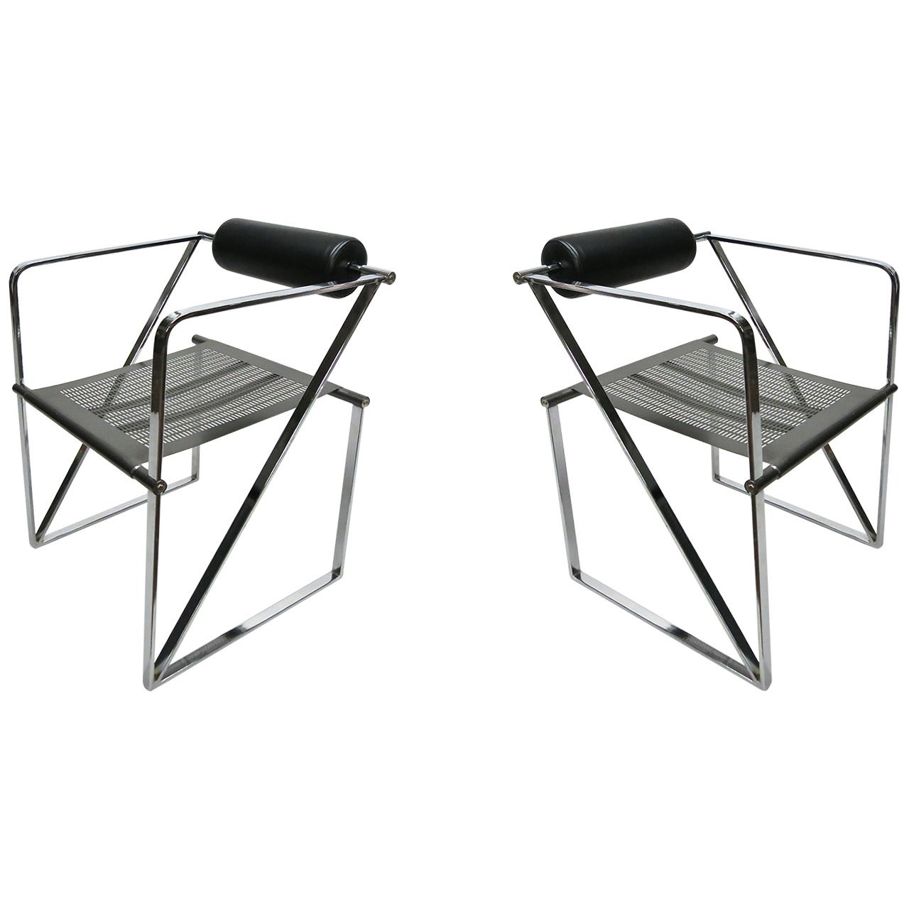 Pair of Chairs by Mario Botta, Steel and Leather, circa 1980, Made in Italy