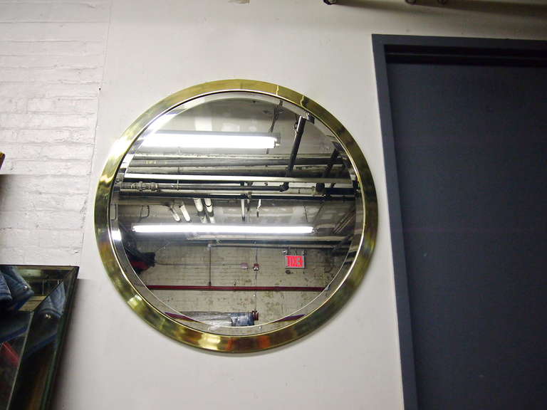 American Round Beveled Mirror In Brass  Labeled Thayer Coggin Circa 1960 Made In America