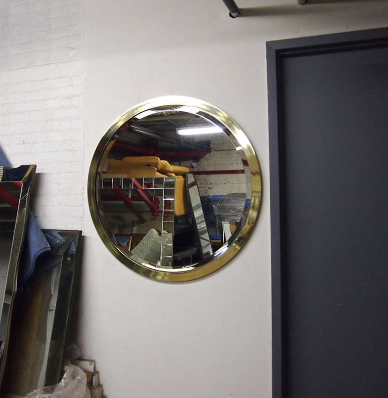 Mid-Century Modern Round Beveled Mirror In Brass  Labeled Thayer Coggin Circa 1960 Made In America