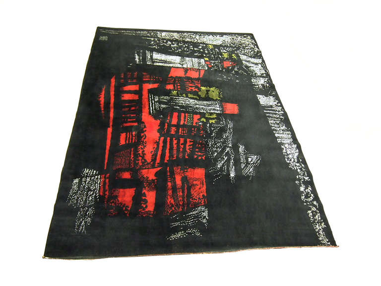 Tapestry in red white and green over black abstract design made of wool in France 1955 by Maurice Andre