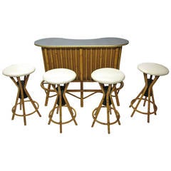 Bamboo Bar with Four Stools circa 1950 Made in USA