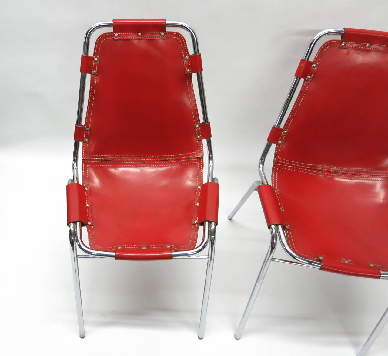  Four Rare Red Chairs Designed by Charlotte Perriand, France Circa 1955 In Good Condition For Sale In Jersey City, NJ