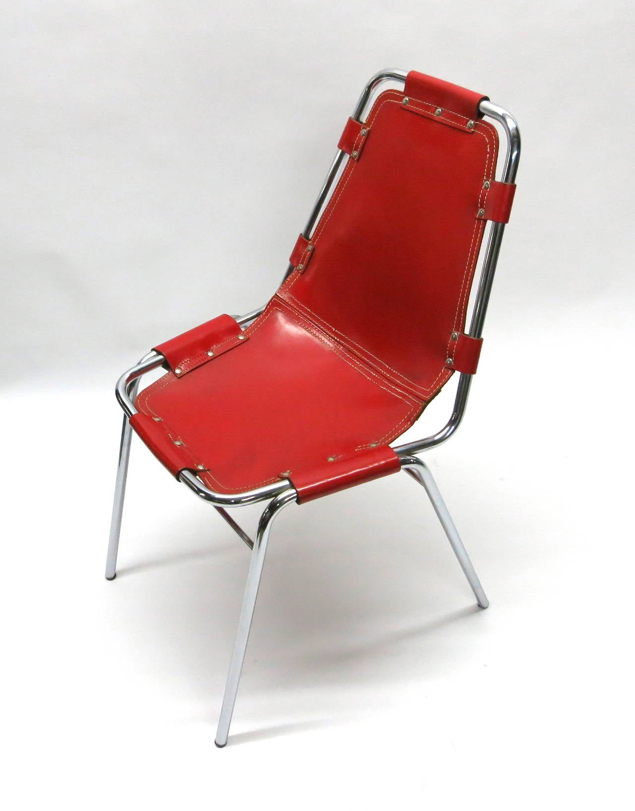 20th Century  Four Rare Red Chairs Designed by Charlotte Perriand, France Circa 1955