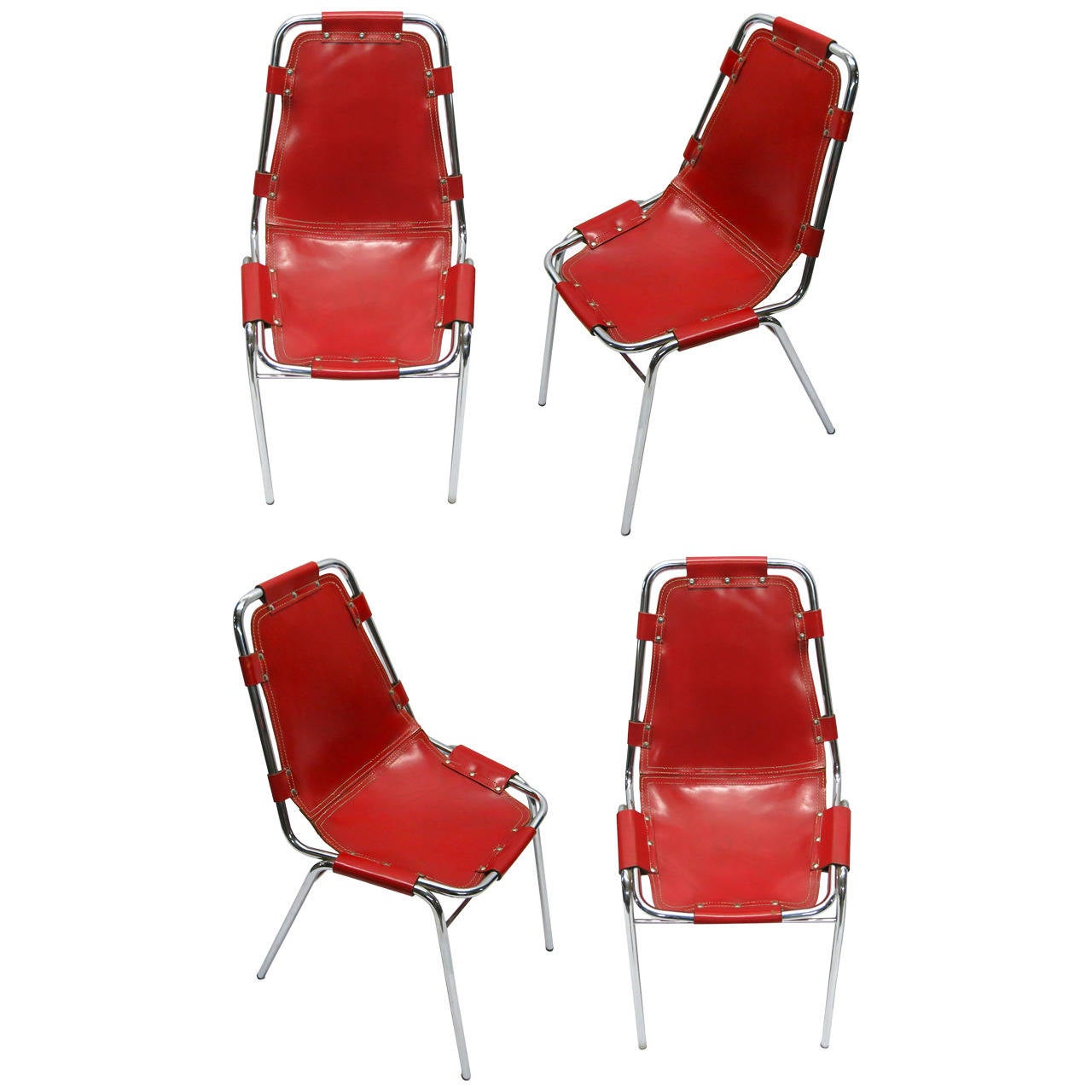 Four Rare Red Chairs Designed by Charlotte Perriand, France Circa 1955