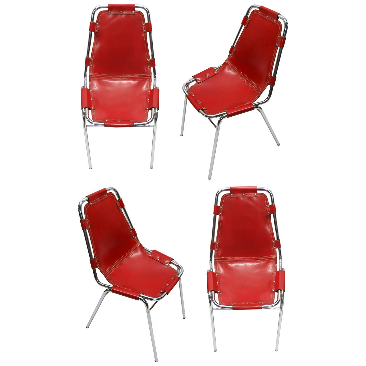  Quatre chaises rouges rares conçues par Charlotte Perriand, France, circa 1955