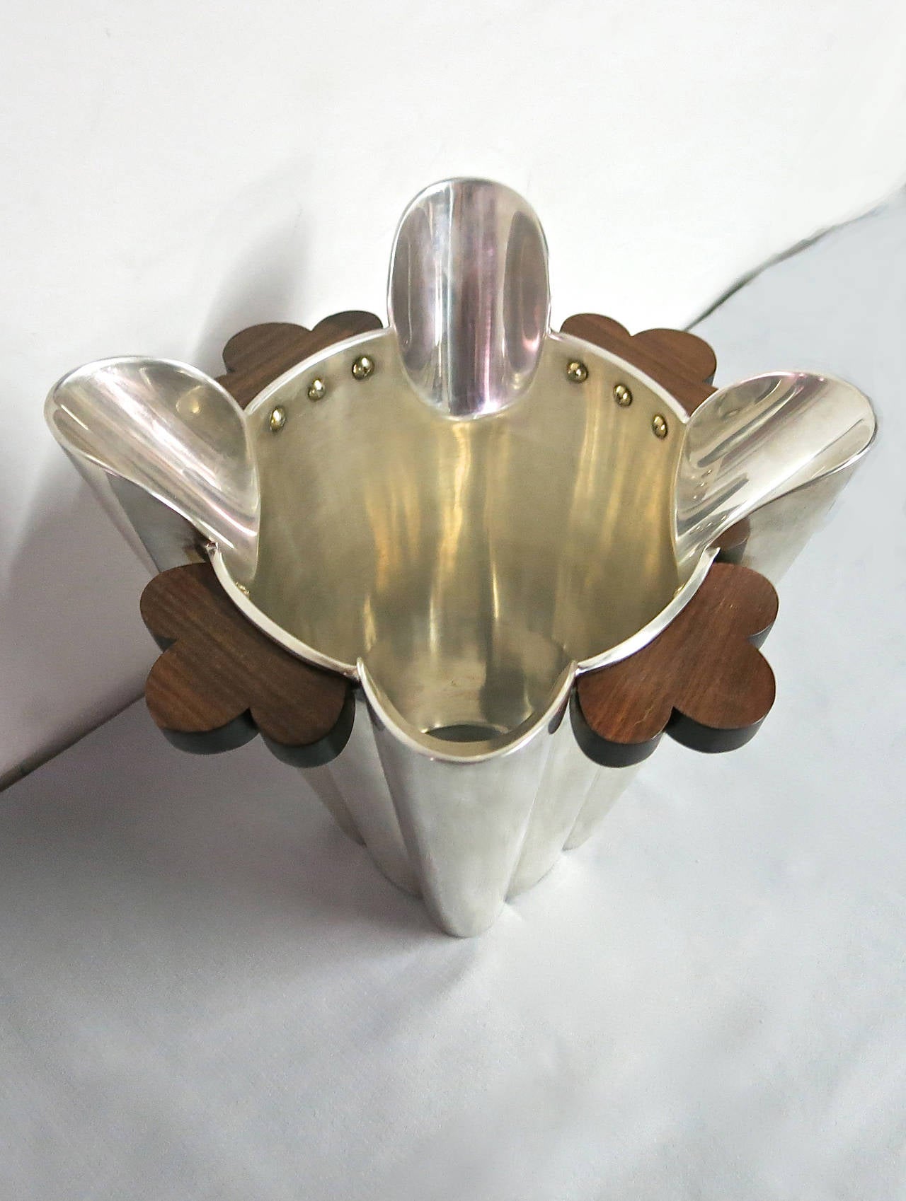Italian Silver and Walnut Ice Bucket Signed Driade Circa 1990 Made in Italy