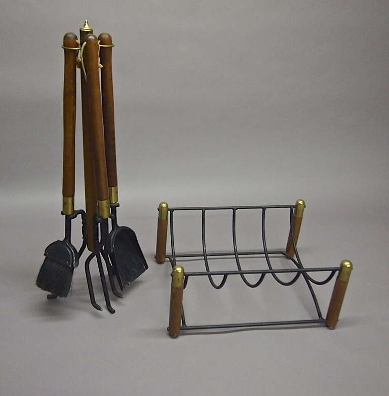 Set of Fire Tools with stand and log holder all done by Seymour in the early 1900 perhaps 1930's.