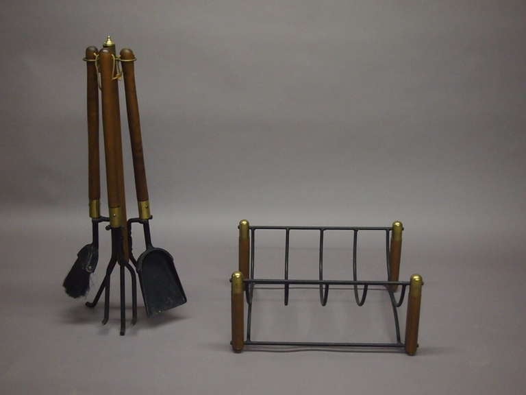 Mid-Century Modern Set of Fireplace Tools with Log Holder Signed Seymour, circa 1940, American