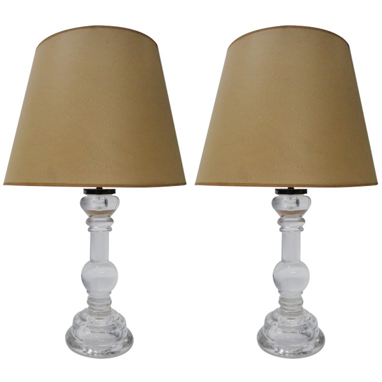 Pair of Clear Solid Glass Table Lamps Signed Archimede Seguso Murano 1960 Italy